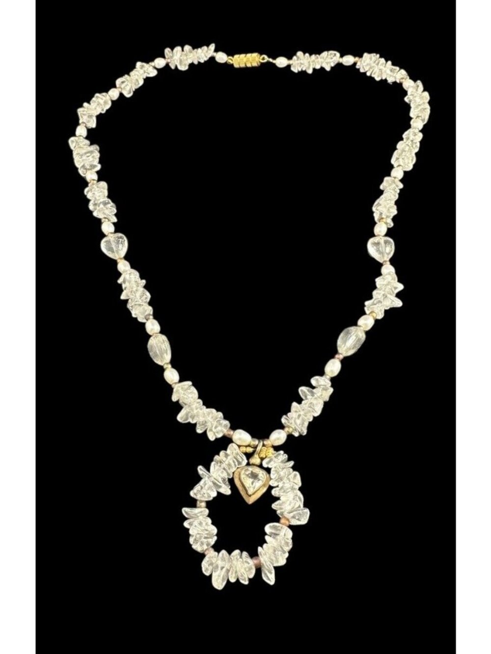 Necklace Rock Crystal Pearl Beads Hoop Pendant 925 Sterling Silver Heart Dangle